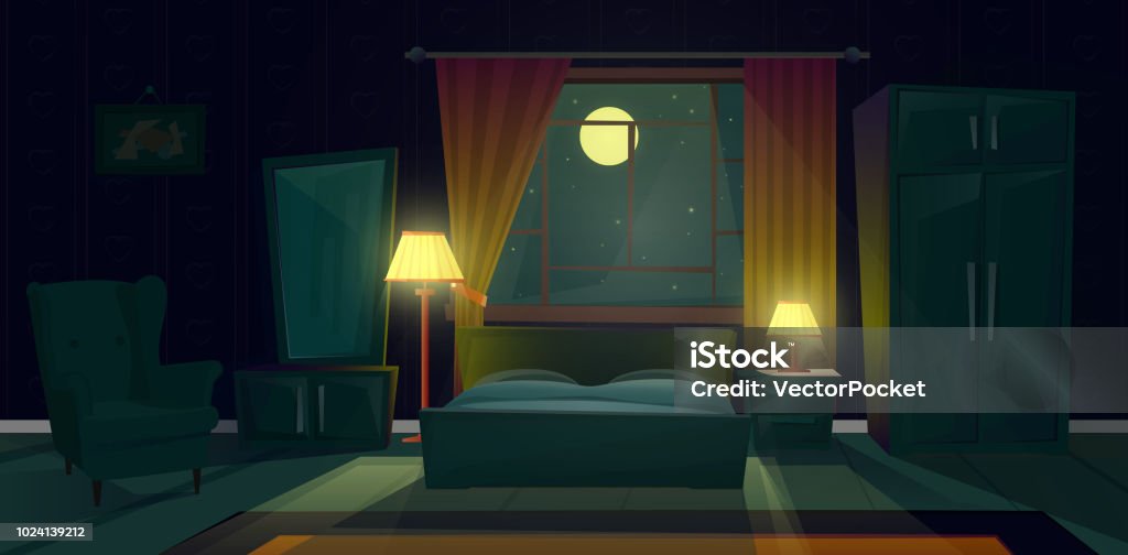 Interior de vector de dormitorio con muebles en la noche - arte vectorial de Dormitorio - Habitación libre de derechos