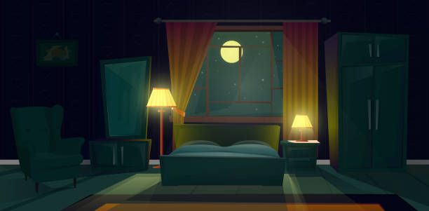 Vector interior of bedroom with furniture at night Vector cartoon illustration of cozy bedroom at night. Modern interior of living room with double bed, nightstand with lamp, dresser, armchair, window with curtains in moonlight. Concept background bedroom stock illustrations