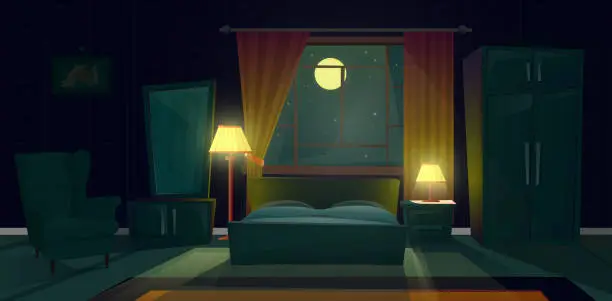 Vector illustration of Vector interior of bedroom with furniture at night