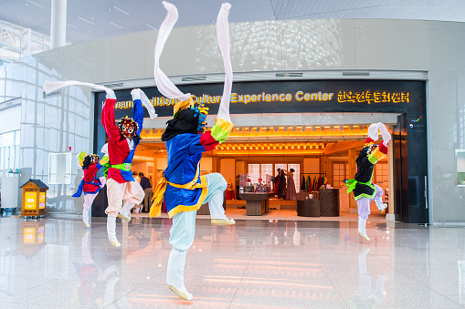 SEOUL, KOREA. 22th August, 2018: unidentified Koreans dancing traditional dances at inches international airport of Seoul