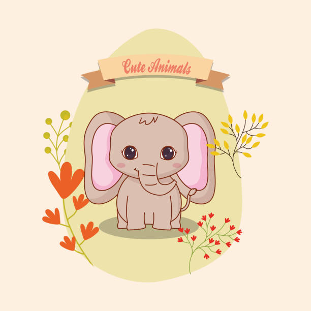 cute animals design cute icon with decorative leves and floers over brown background, colorful design. vector illustration elephant ear plant stock illustrations
