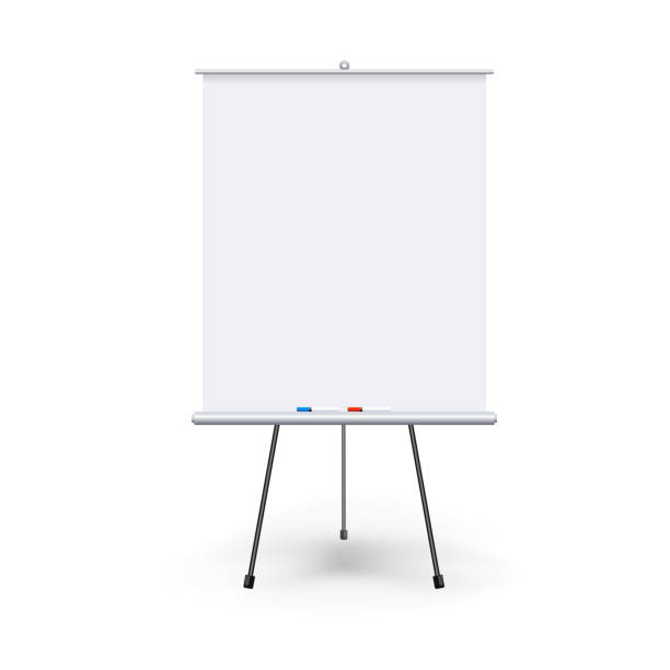 Vector realistic blank flipchart with three legs isolated on white clean background. White roll up banner for presentation, corporate training and briefing. Vector mockup. Vector realistic blank flipchart with three legs isolated on white clean background. White roll up banner for presentation, corporate training and briefing. Vector mockup flipchart stock illustrations