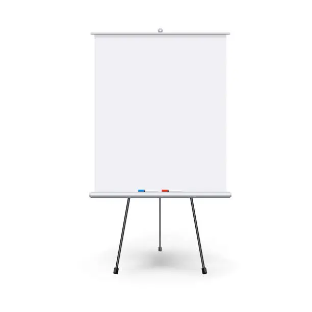 Vector illustration of Vector realistic blank flipchart with three legs isolated on white clean background. White roll up banner for presentation, corporate training and briefing. Vector mockup.