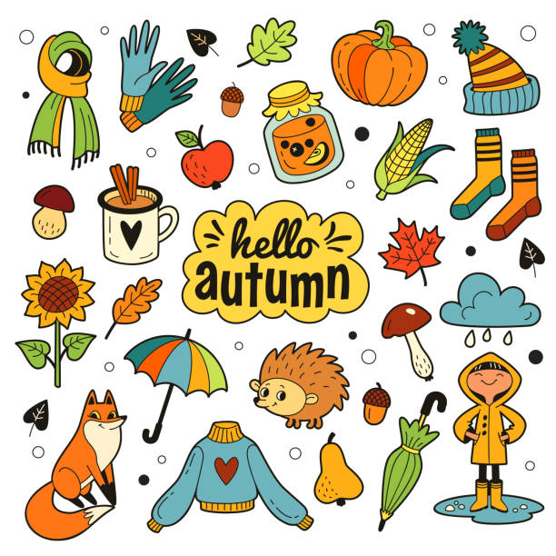 ilustraciones, imágenes clip art, dibujos animados e iconos de stock de hola otoño colección de parches. - macintosh apple