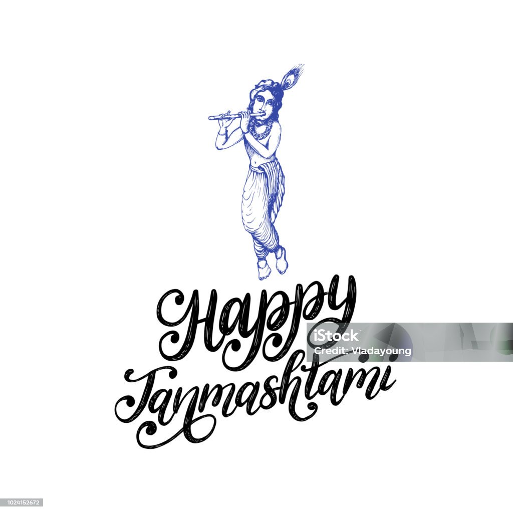 Happy Janmashtami, hand lettering. Sketch of young god Krishna on white background. Vector drawn illustration. Happy Janmashtami, hand lettering. Sketch of young god Krishna on white background. Vector drawn illustration for greeting card, festival poster etc. God stock vector