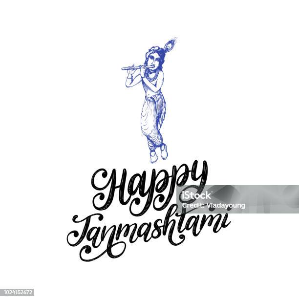 Happy Janmashtami Hand Lettering Sketch Of Young God Krishna On White Background Vector Drawn Illustration Stock Illustration - Download Image Now