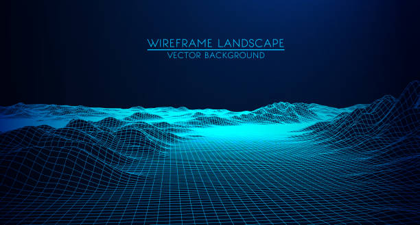 Abstract digital landscape with particles dots and stars on horizon. Wireframe landscape background. Big Data. 3d futuristic vector illustration. 80s Retro Sci-Fi Background Abstract digital landscape with particles dots and stars on horizon. Wireframe landscape background. Big Data. 3d futuristic vector illustration. 80s Retro Sci-Fi Background land feature stock illustrations