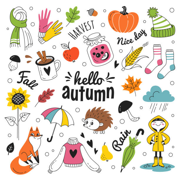 ilustraciones, imágenes clip art, dibujos animados e iconos de stock de "otoño de hola" doodle colección. - macintosh apple