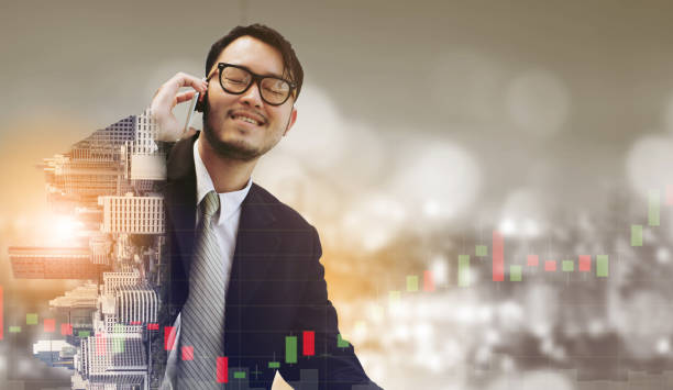 istock Double exposure businessman using mobile phone. 1024173360
