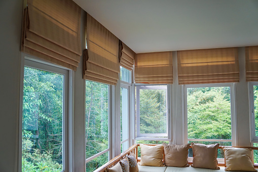 cortina persiana romana marrón cortina árbol bosque montaña fondo sala de estar photo
