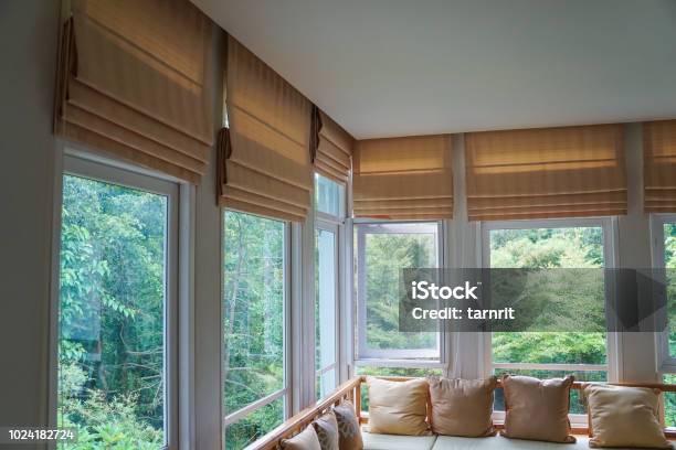 Brown Roman Blind Shade Curtain Tree Forest Mountain Background Living Room Stock Photo - Download Image Now