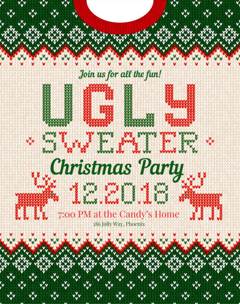 ilustrações de stock, clip art, desenhos animados e ícones de ugly sweater christmas party invite. knitted background pattern scandinavian ornaments. - camisola