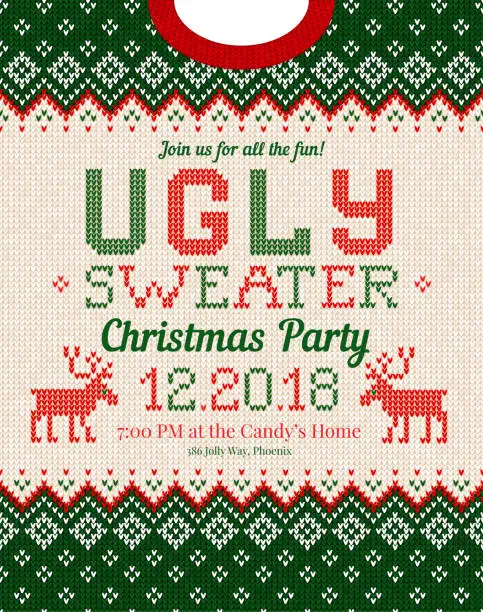Vector illustration of Ugly sweater Christmas party invite. Knitted background pattern scandinavian ornaments.