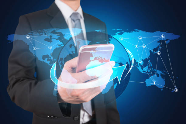 istock Double exposure of Businessman use smartphone and globe networking as business, technology, communication and innovation concept. 1024193152