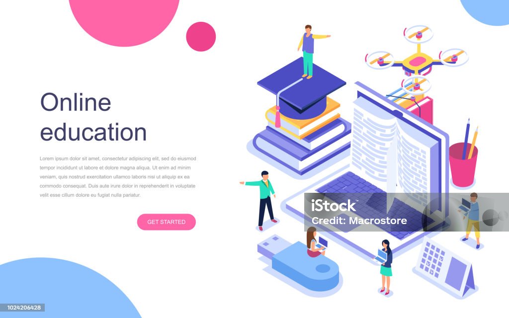 Modern flat design isometric concept of Online Education for banner and website. Modern flat design isometric concept of Online Education for banner and website. Landing page template. Graduation, e-learning research, college research, back to school concept. Vector illustration. Education stock vector