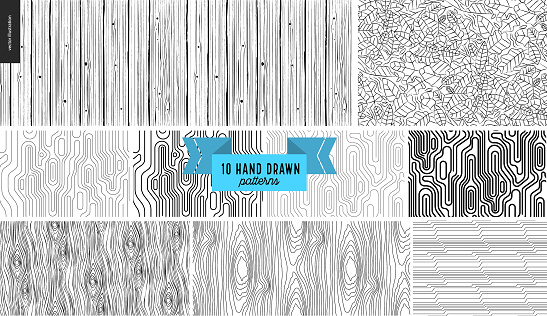 Set, hand drawn black, white geometric pattern. Vector seamless pattern Abstract background, strokes. Monochrome texture Hipster graphic design. Endless vector backgrounds, simple textures, stripes