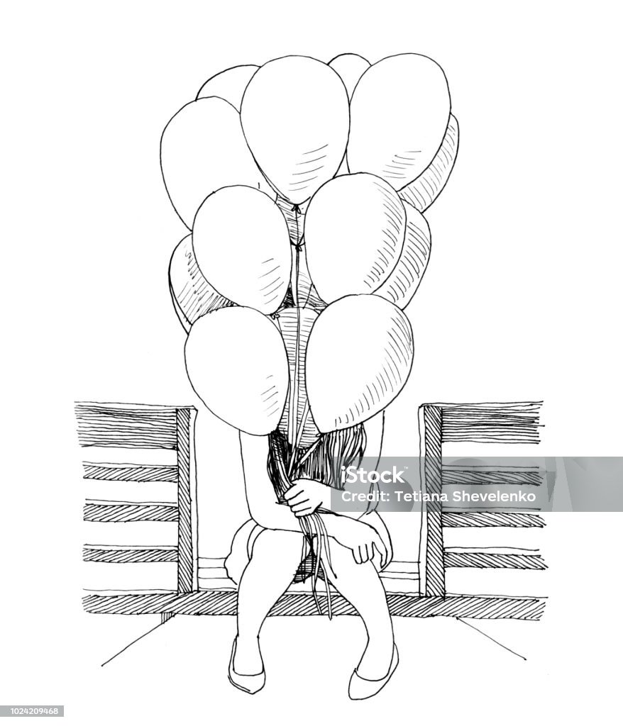 Ink illustration of a girl with air balloons. Black and white sketch. Adventure stock illustration