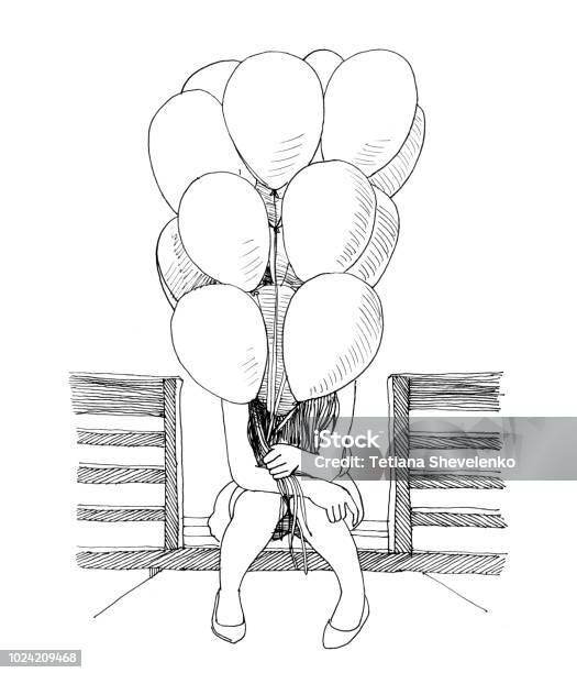 Ink Illustration Of A Girl With Air Balloons Black And White Sketch Stock Illustration - Download Image Now
