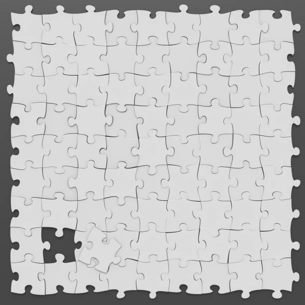 istock Jigsaw puzzles square mockup background unfinished in left lower angle on dark background, 3D rendered image 1024214868