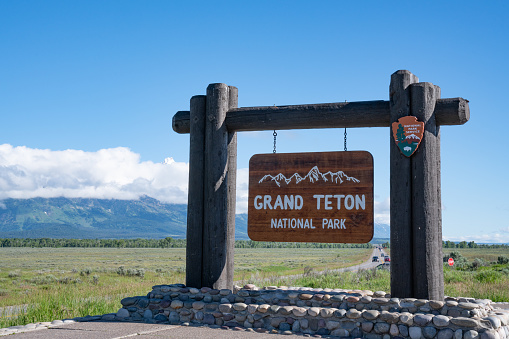 Welcome sign at the entrance to Grand Teton National Park in Jackson Wyoming