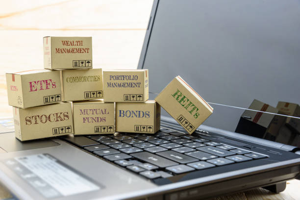 istock Personal portfolio and online wealth management with risk diversification concept : Paper boxes of financial instruments i.e ETFs, REITs, stocks, bonds, mutual funds and commodities, all on a laptop. 1024219860