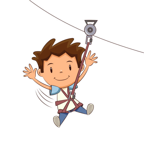 Child ziplining tour Child ziplining tour, cute kid, ride, adventure, sport, zip line, harness, young man, person, boy, happy cartoon character, vector illustration, isolated, white background zip line stock illustrations