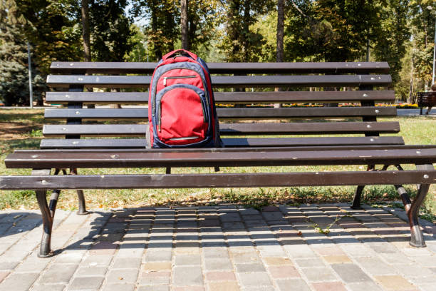 istock Backpack on wooden bench in city park 1024227342