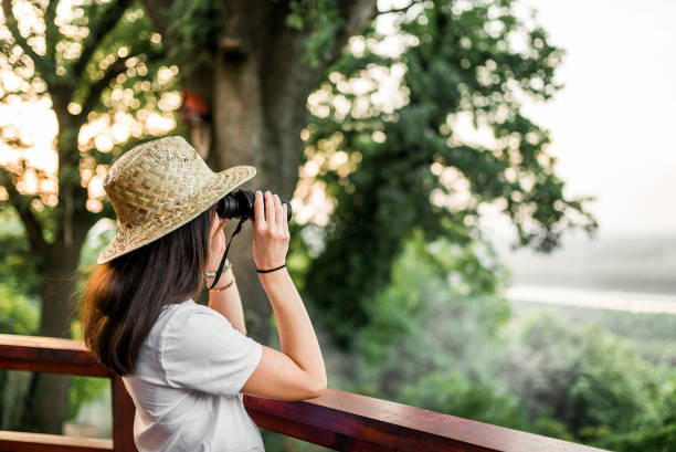 istock Woman with binoculars looking at forest view. 1024227760