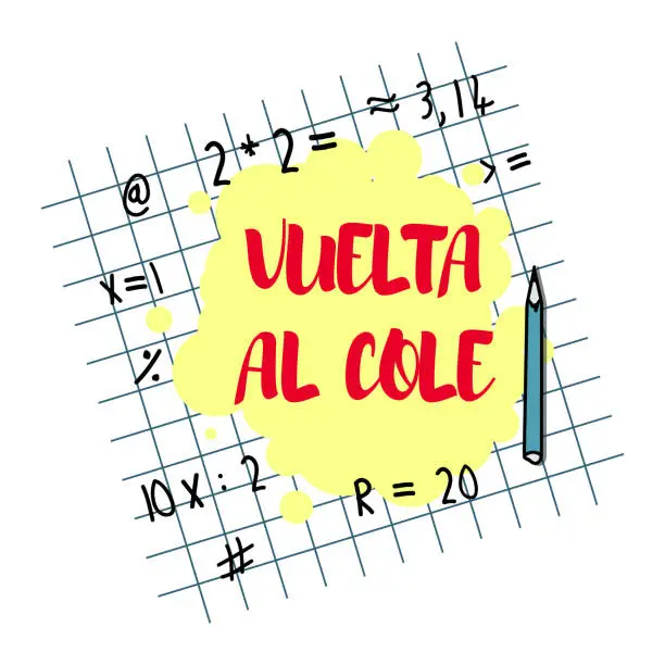 Vector illustration of Vuelta al cole, Back to school in spanish. Back to school poster, education background, flyer template with hand drawn school supplies. Concept of education, inspirational quote.