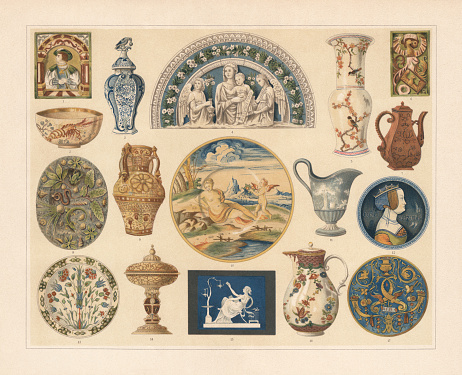 Historical ceramics:  1) Hirschvogel tile (German, 16th century); 2) Satsuma bowl (Japanese); 3) Vase from Delft (Fayence, Dutch, 18th century); 4) Glazed clay relief by Luca della Robbia (Florence, ca. 1500); 5) Vase (Chinese); 6) Crest tile (German, 16th century); 7) Jug in Böttger stoneware (Meissen, 18th century); 8) Palissy bowl (French, 16th century); 9) Spanish Moorish Majolica pot (14th century); 10) Plate of Urbino (Italian majolica, 16th century); 11) Wedgwood pot (English, 18th century); 12) Bowl of Caffagiolo (Italian majolica, 16th century); 13) Bowl (Persian, 16th century); 14) Henry deux vessel (French, 16th century); 15) Pâte-sur-pâte porcelain (by Thomas Minton, English, 19th century); 16) Meissen coffee pot (Saxon, 18th century); 17) Bowl of Gubbio (Italian majolica, 1519). Chromolithograph, published in 1897.