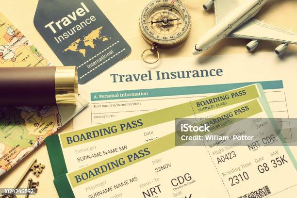 Travel Insurance And Travel Security Service Concept Top View Of Travel Insurance Application Form Business Class Boarding Passes Map Monocular Tag Compass White Model Air Plane On Wood Floor Stock Photo - Download Image Now