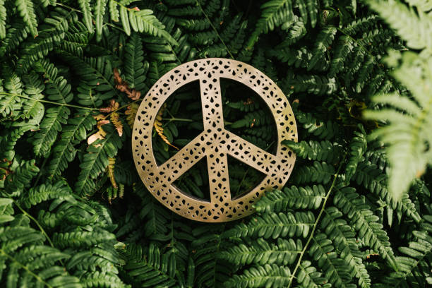 Peace symbol in nature enviroment conceptPhoto taken overhead above og green plants and golden peace sign