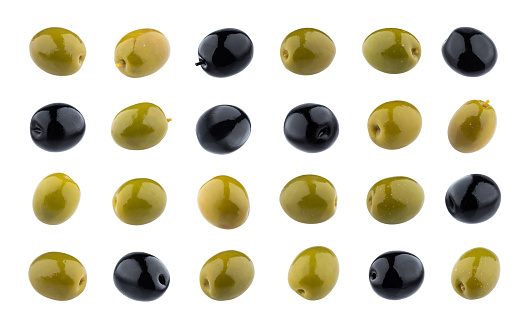 Olives collection. Black and green olives isolated on white background with clipping path, close up