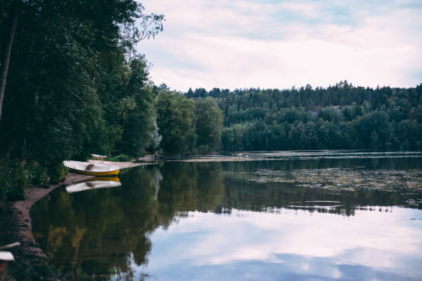 Small blue boat moored to a wooden pier on a calm lake surrounded by green trees. Peaceful summer scene with clear water reflections.