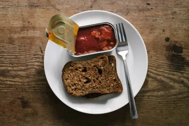 Canned mackerel in tomatosauce for breakfast with toast bread
Photo of ordinary boring breakfast