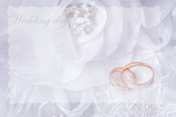 istock Wedding rings on wedding card, on a white wedding dress 1024257072