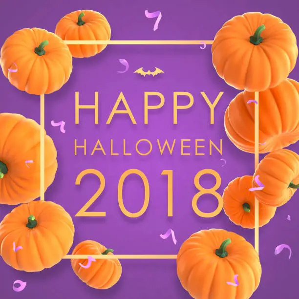 Photo of Happy Halloween celebration background with Orange Pumpkins and confetti. 3d illustration for holiday greeting card, invitation, calendar poster. Party banner with air balloons and serpentine.
