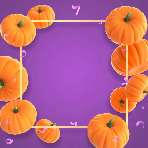 Photo of Happy Halloween celebration background with Orange Pumpkins and confetti. 3d illustration for holiday greeting card, invitation, calendar poster. Party banner with air balloons and serpentine.