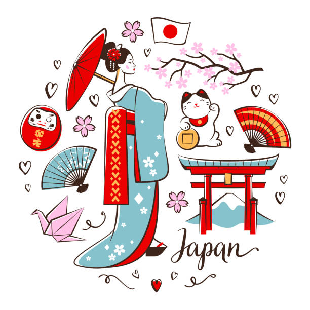 Japanese symbols Japanese symbols placed in a round shape on a white background. daruma stock illustrations