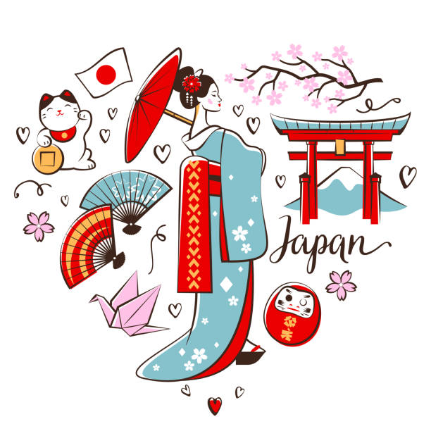 illustrazioni stock, clip art, cartoni animati e icone di tendenza di simboli giapponesi - geisha japanese culture women japanese ethnicity