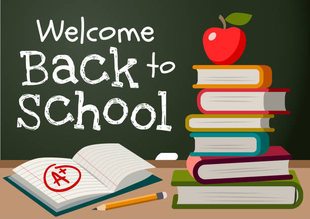 ilustrações de stock, clip art, desenhos animados e ícones de welcome back to school chalk text on blackboard, stack of books, apple, pencil, open exercise book with a plus mark simple vector cartoon illustration. school, education, teaching theme poster, card. - blackboard book education back to school