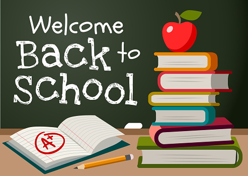 Welcome back to school chalk text on blackboard, stack of books, apple, pencil, open exercise book with A plus mark simple vector cartoon illustration. School, education, teaching theme poster, card.