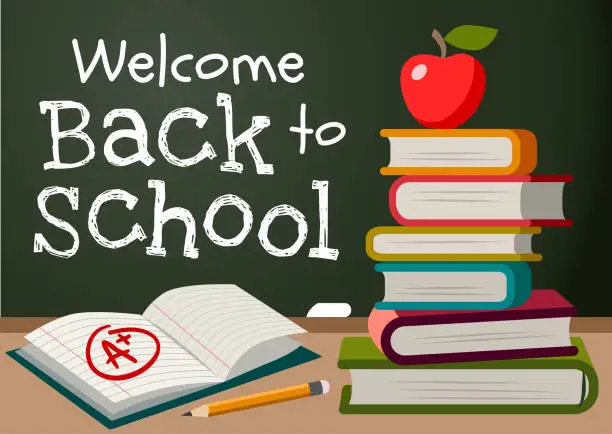 Vector illustration of Welcome back to school chalk text on blackboard, stack of books, apple, pencil, open exercise book with A plus mark simple vector cartoon illustration. School, education, teaching theme poster, card.