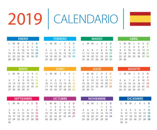 Vector illustration of Calendar 2019 - vector illustration. Spanish language version