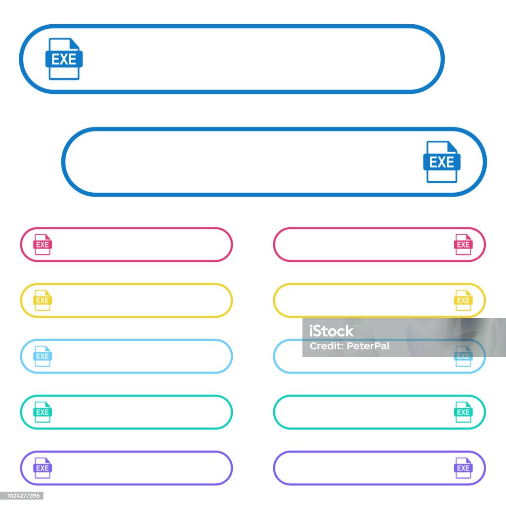 EXE file format icons in rounded color menu buttons EXE file format icons in rounded color menu buttons. Left and right side icon variations. Circle stock vector