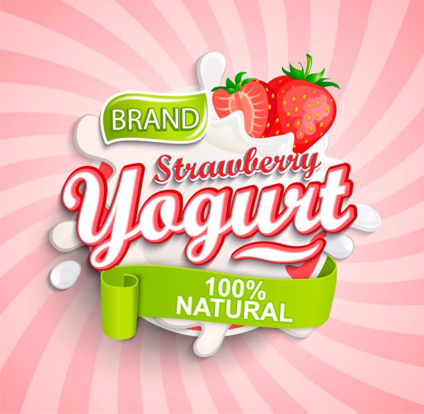 ilustrações de stock, clip art, desenhos animados e ícones de natural and fresh strawberry yogurt label splash. - yogurt