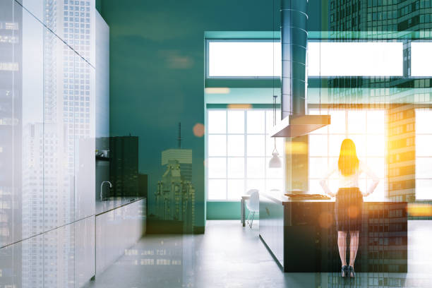 istock Green industrial style kitchen, side view, woman 1024278062