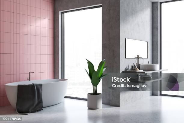 Gray And Pink Tile Bathroom Corner Stock Photo - Download Image Now - Apartment, Architecture, Bathroom