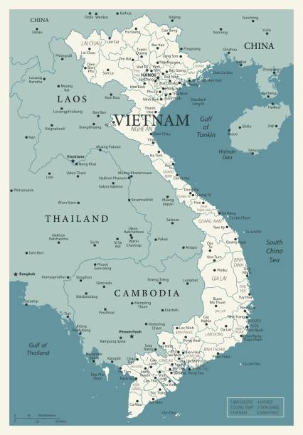 23 - Vietnam - Vintage Murena 10 Map of Vietnam - Vintage Vector illustration vietnam stock illustrations
