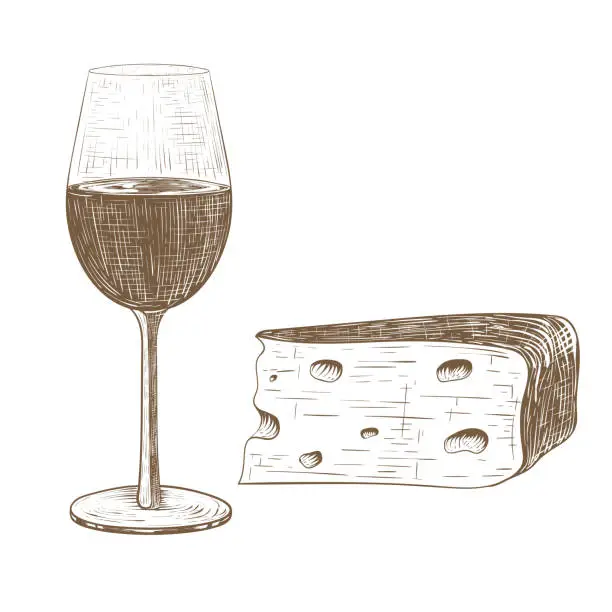 Vector illustration of Glass of wine and cheese. Vintage hand drawn sketch
